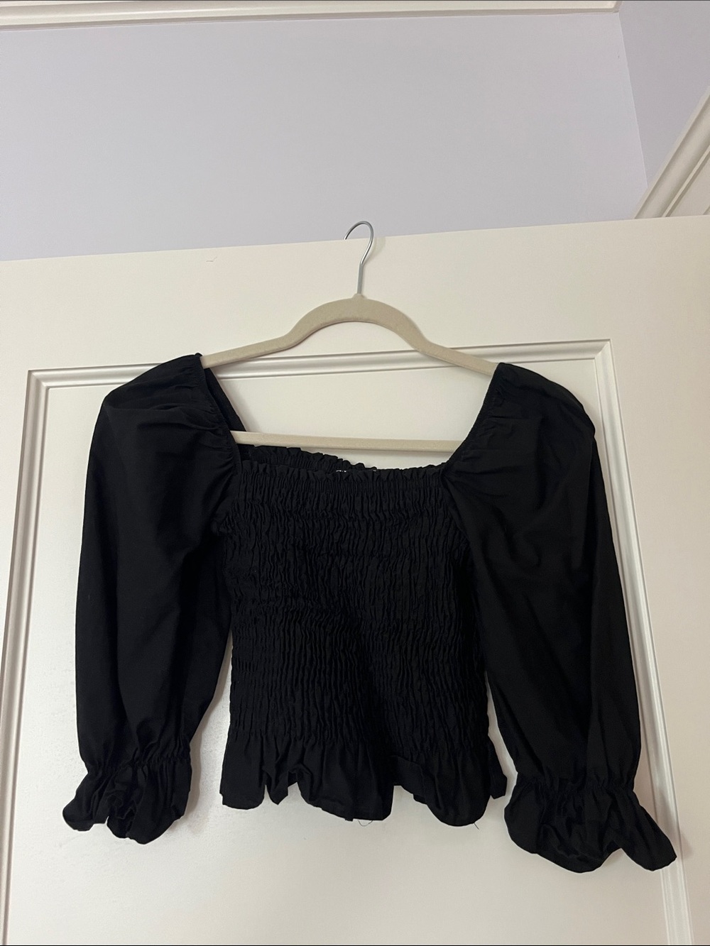 Zara Black Smocked Puff- Sleeve Poplin Women's Top